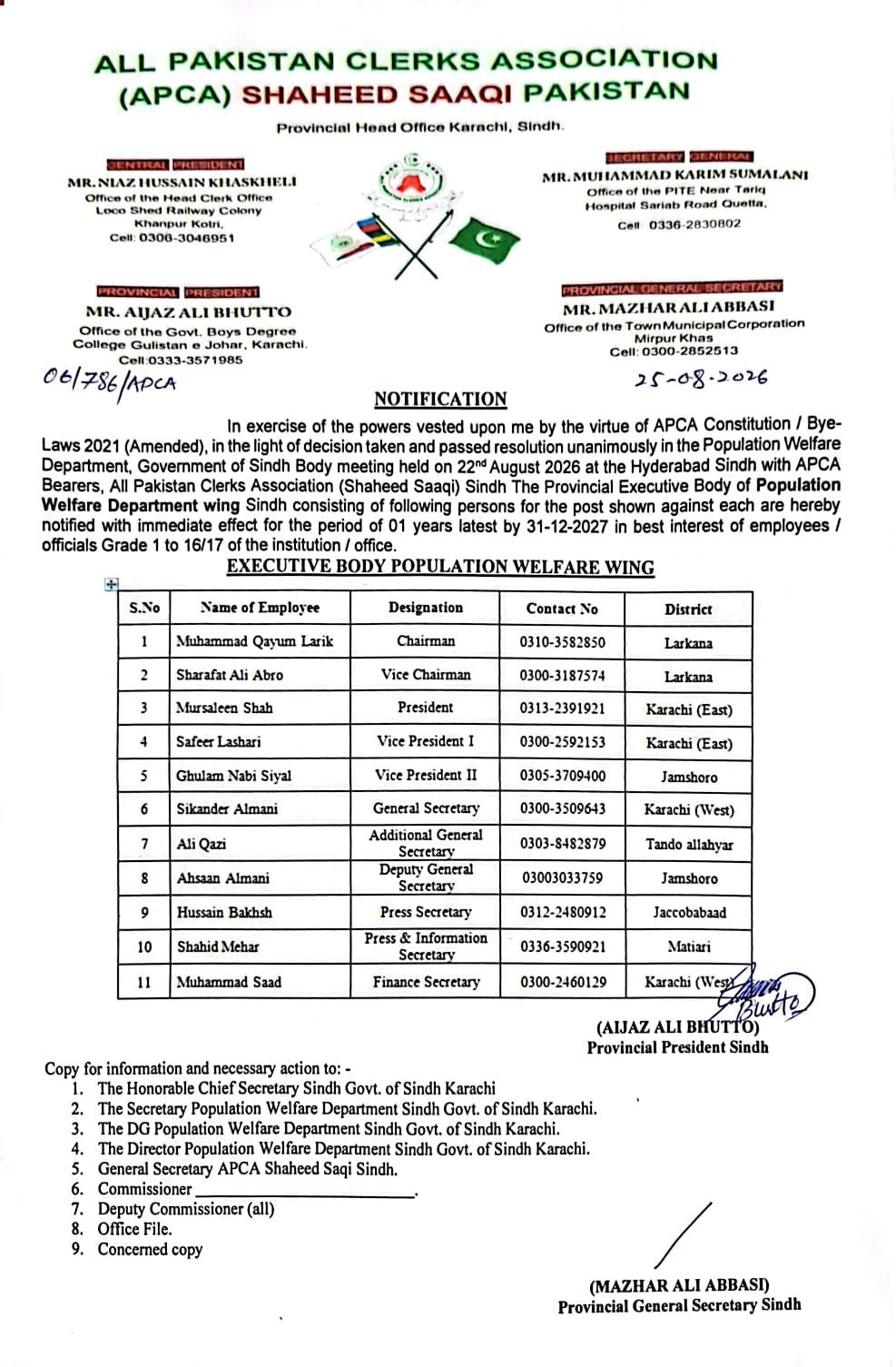 Notification of Wing APCA PAKISTAN (SHAHEED SAQI)  PWDS Sindh